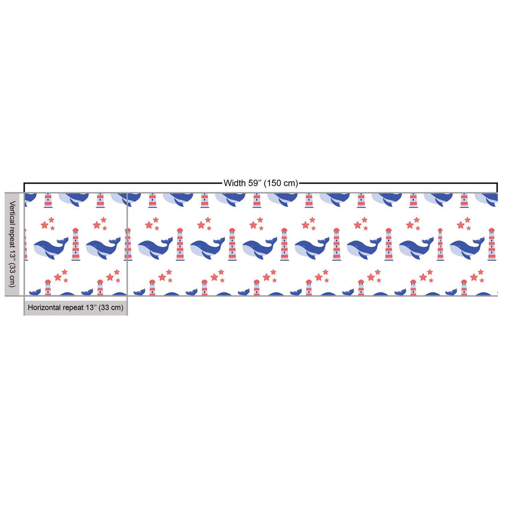 Nautical Blue Fabric by The Yard, Marine Themed Pattern of Whale Lighthouse and Starfish, Decorative Fabric for