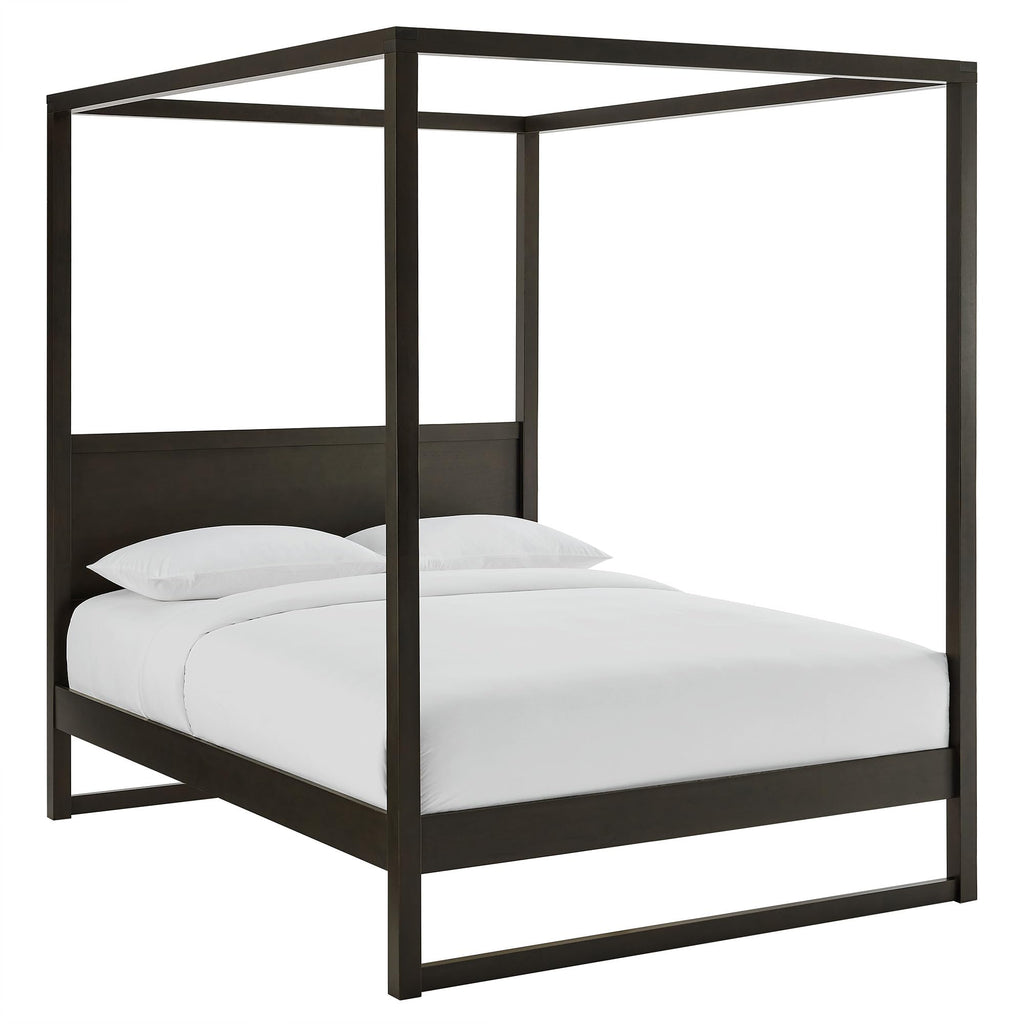 Alva 4-Post Wood Platform Canopy Bed in Smoked Oak - with Headboard and Solid Rubberwood Frame
