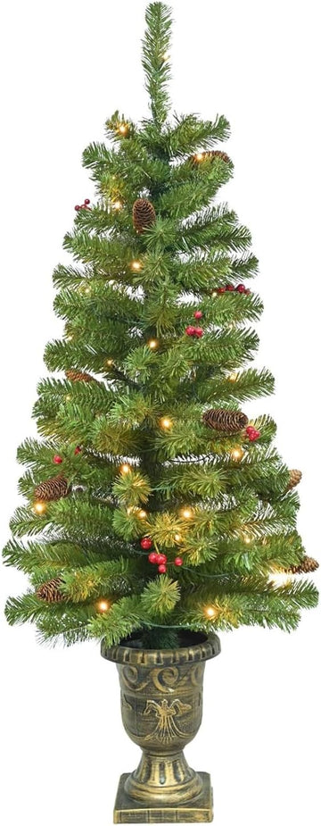 4FT Artificial Potted Christmas Tree with Lights, Pre-lit Mini Christmas Tree with 50 LED Lights, Small Fake Spruce