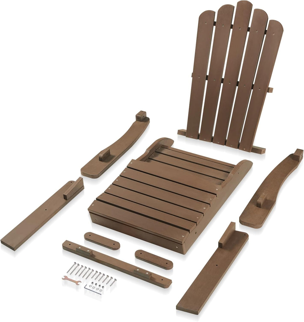 Folding Adirondack Chairs with Retractable Ottoman, Dark Brown | 350Lbs Support, All-Weather Resistant, Patio Chairs