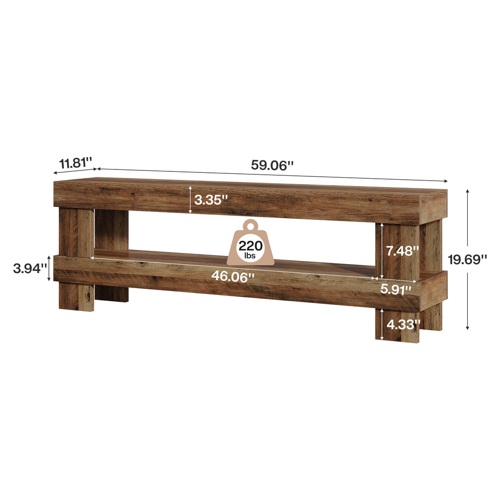 Farmhouse Entryway Bench, Rustic Brown 59-Inch Long Shoe Bench Seat with Open Storage Shelf, 2-Tier Narrow End of Bed
