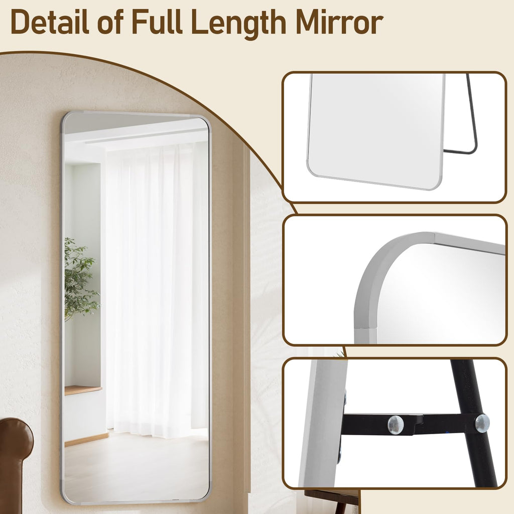 71" x 26" Rounded Corner Full Length Mirror with Stand, Silver