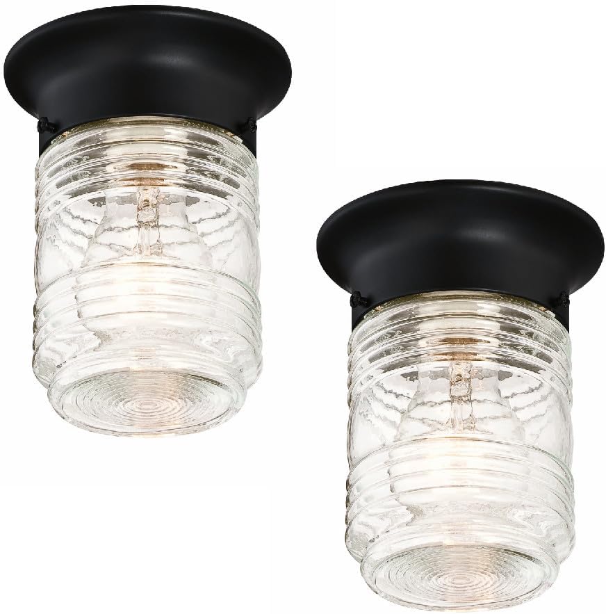 2-Pack Jelly Jar 1-Light Indoor/Outdoor Flush Mount Ceiling Light, Black