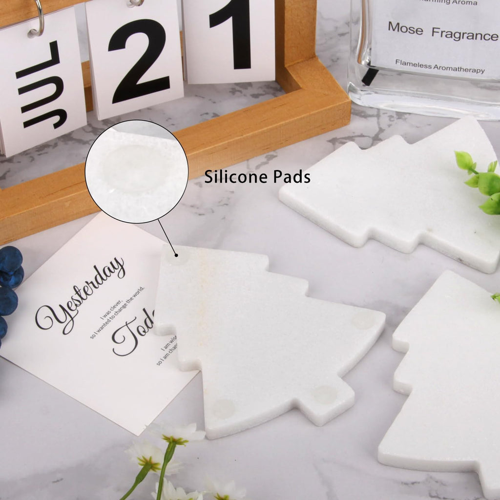 Marble Coasters, White, Pine Tree, 4 Inch - Set of 4