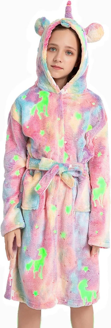 Girls Fleece Hooded Robes Soft Bathrobe for Kids - Glow in the Dark Unicorn Gifts for Girls