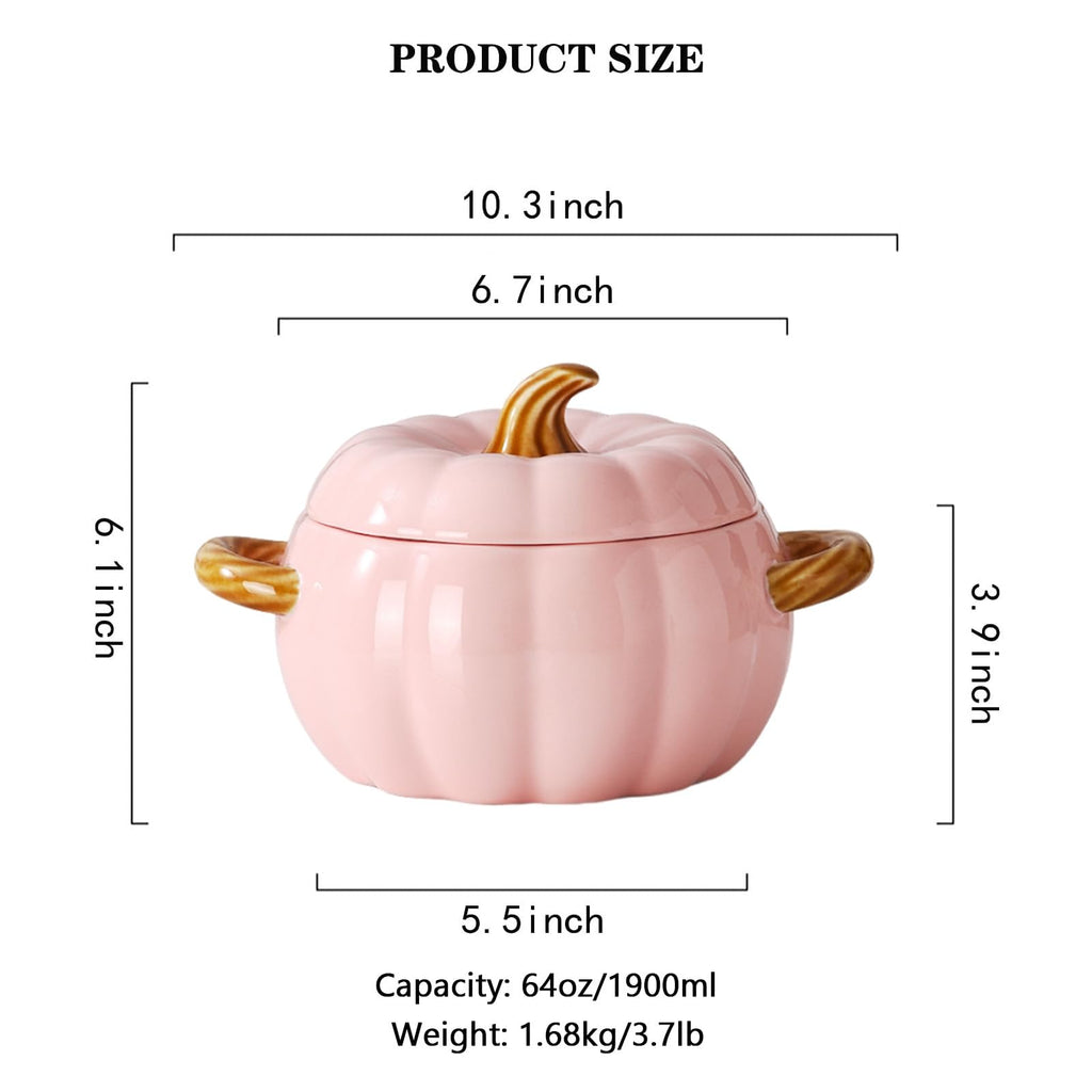 Pumpkin Soup Bowl, 64oz Ceramic Pumpkin Pot with Lid (Pink)