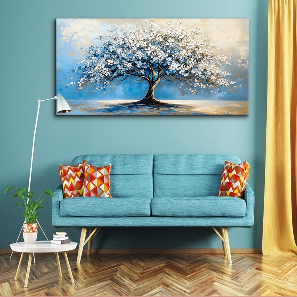 Contemporary Tree of Life Wall Art Office Navy Blue White Floral Canvas Painting Prints Nature Artwork over the Couch