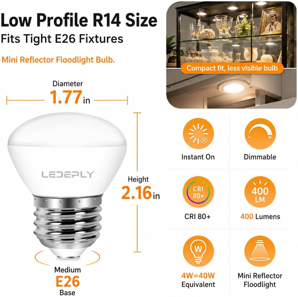 R14 LED Bulb, 4W=40W Dimmable E26 Base Mini LED Reflector Floodlight Bulbs, 400 Lumens 2700K Warm White, Low Profile