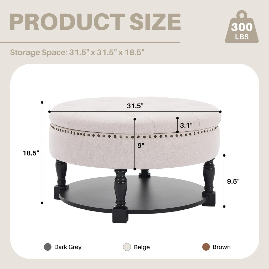 Round Storage Ottoman Coffee Table with Shelf, Tufted Fabric, Beige