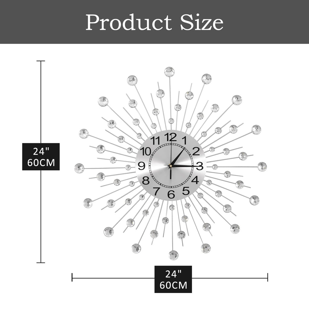 24 Inch Crystal Large Wall Clock Decor, Modern Metal Starburst Wall Clock Decor, Bling Crystal Clock Office Bedroom