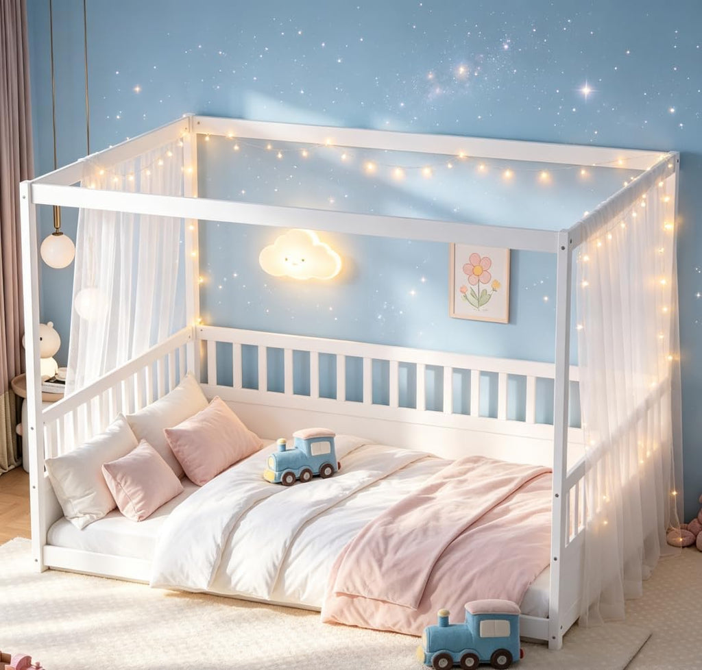 Canopy BedFrame, Wood Montessori House Floor Bed, Canopy Platform Bed for Kids, White no slats