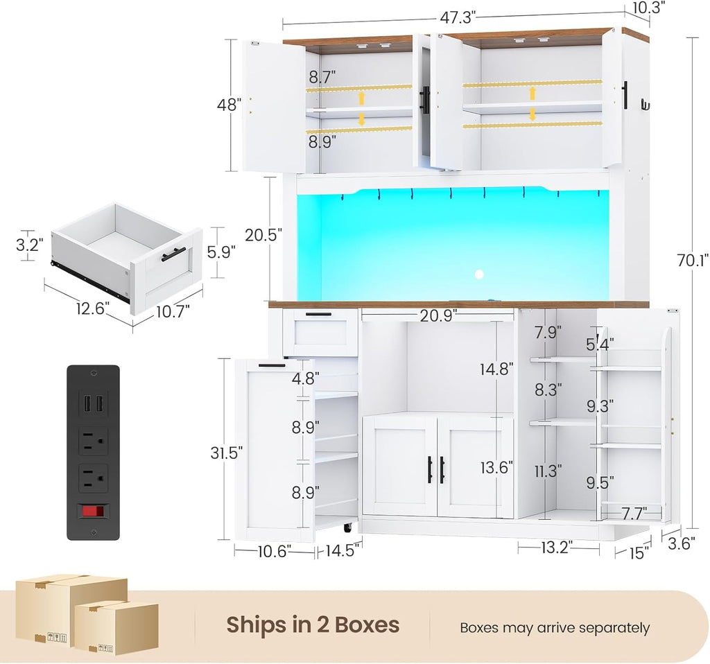 71" Pantry Cabinet with Charging Station and LED Light, Kitchen Pantry Cabinet with Microwave Stand, 47.2" Wide