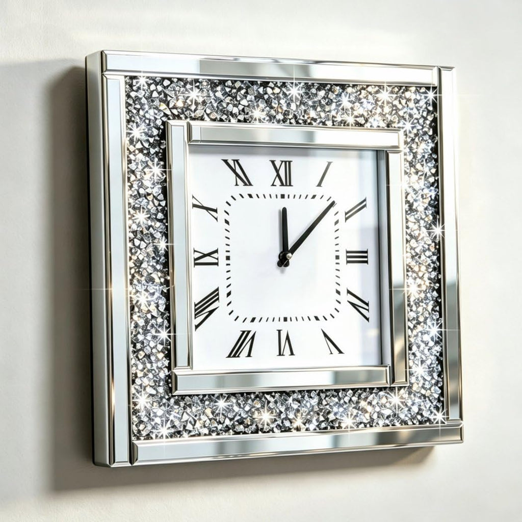 Silver Square Mirror Clock 20x20inches Crystal Sparkle Twinkle Bling Crushed Diamond Mirrored Large Wall Clock for