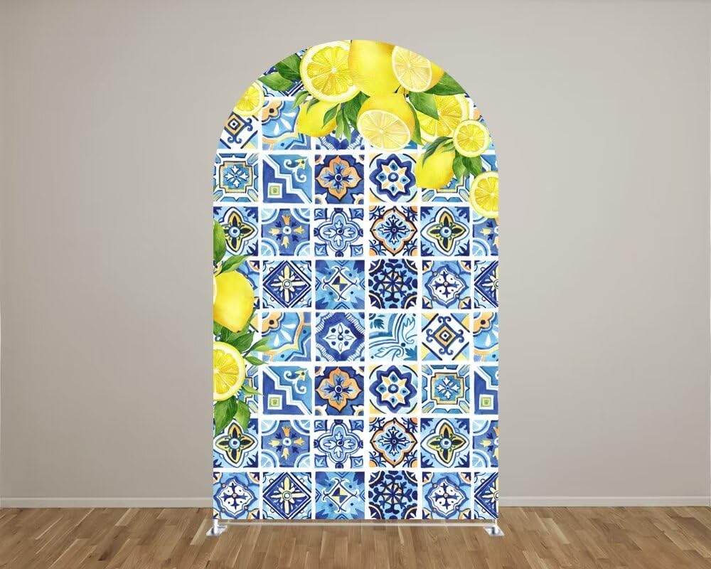 Patchwork Tile Arch Backdrop Cover Mediterranean Lemon Arched Stand Covers for Birthday Porcelain Parties Banquet