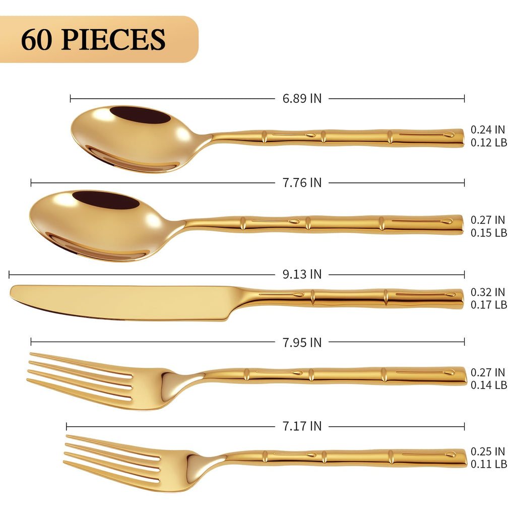 Gold Silverware Set Bamboo Pattern Handle 60-Piece Service for 12