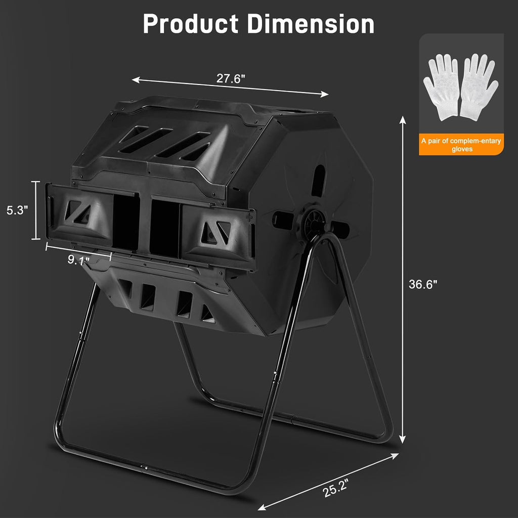 42 Gallon Outdoor Compost Tumbler Dual Chamber, Rotating Batch Compost Bin with 360° Tumbling Design, Heavy Duty