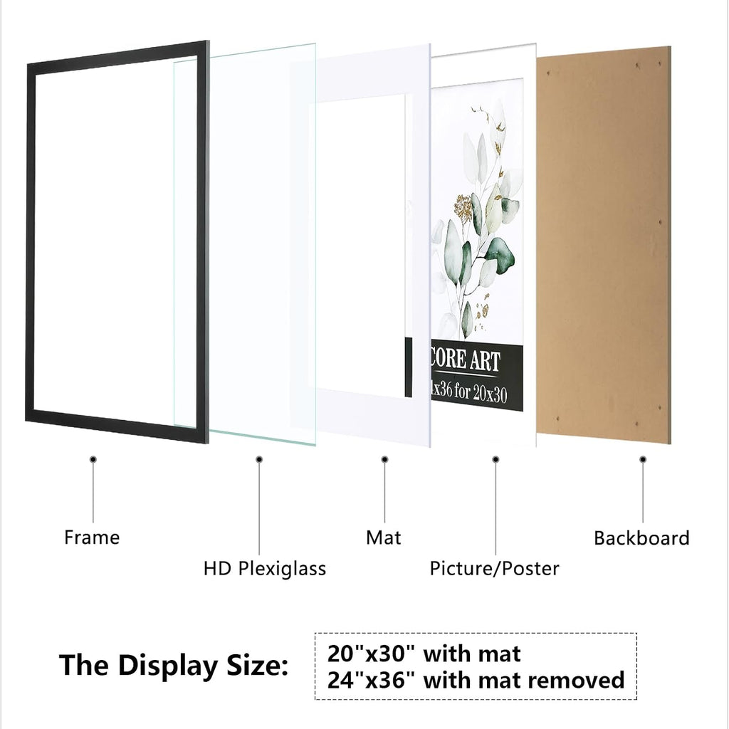 24x36 Poster Frame 4 Pack, Black, Mat for 20x30 Picture | Fits 24 x 36 poster or 20 by 30 Photo with Mat, Wall