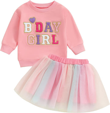 Toddler Baby Girls Birthday Outfits Birthday Girl Embroidery Letter Sweatshirt Tops+Rainbow Tutu Skirt Fall Clothes