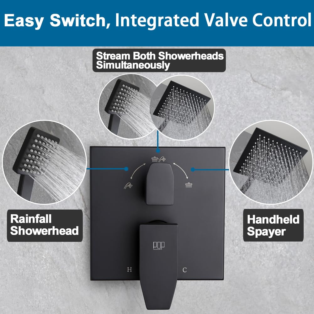 Matte Black Shower Faucet Set Rainfall 10 Inch Shower Head and Handle Set Bathroom Rain Shower System Wall Mounted