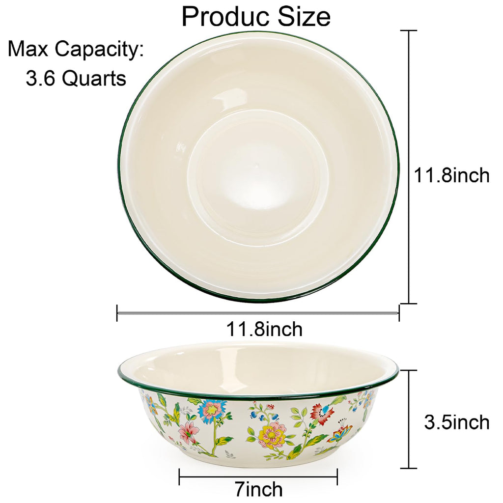 2 Pack Vintage Enamel Mixing Bowls, 11.8 Inch Primitive Enamelware Basin for Fruit, Salad, Pasta, Dough Making, 3.6