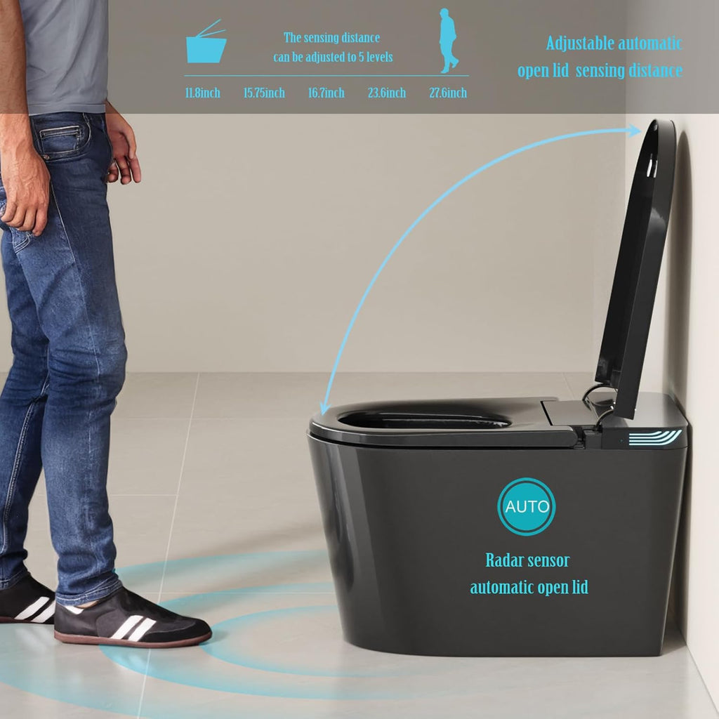 Black Smart Tankless One-Piece Toilet with Built-In Bidet, Auto Open and Close Lid, Warm Water, Warm Air Dryer, Self-Cleaning Heated Seat, Remote Control