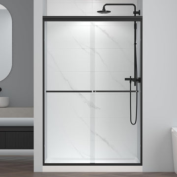 44-48" W x 72" H Semi-Frameless Bypass Sliding Shower Door, Easy-to-Clean Treated Clear Tempered Glass, Matte Black