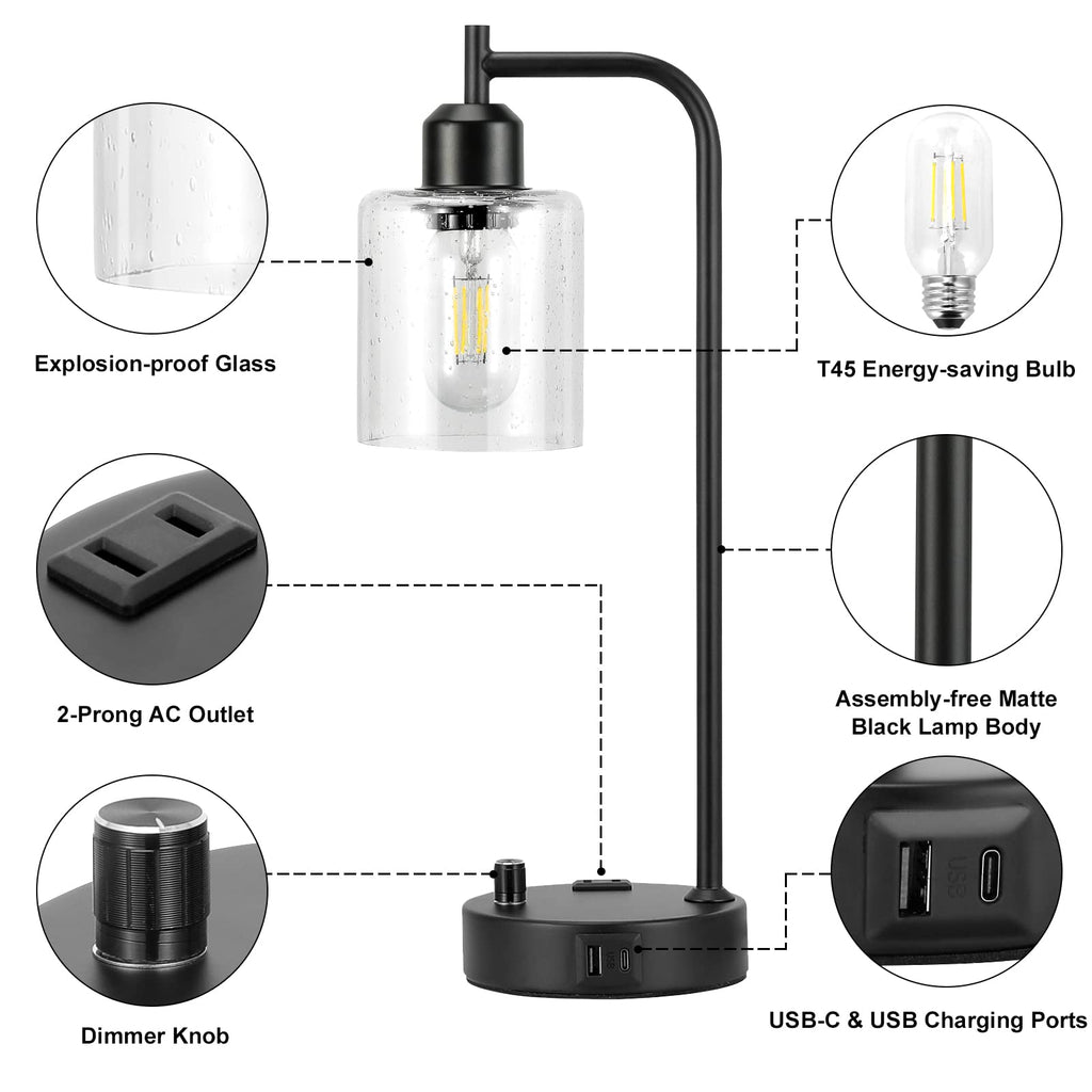Industrial Bedside Lamps Set of 2, Fully Dimmable Desk Lamps