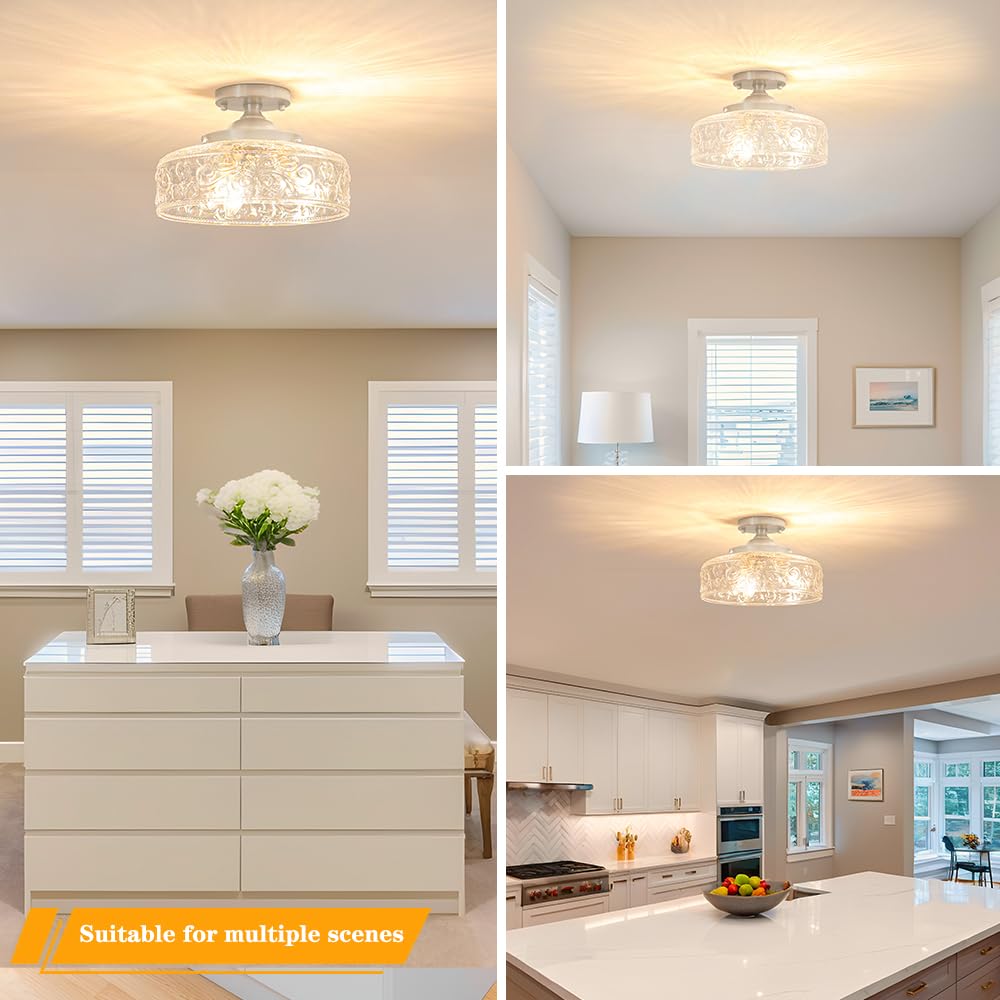 Brushed Nickel Semi Flush Mount Ceiling Light, 3-Light Close to Ceiling Light, Flush Mount Ceiling Lighting with