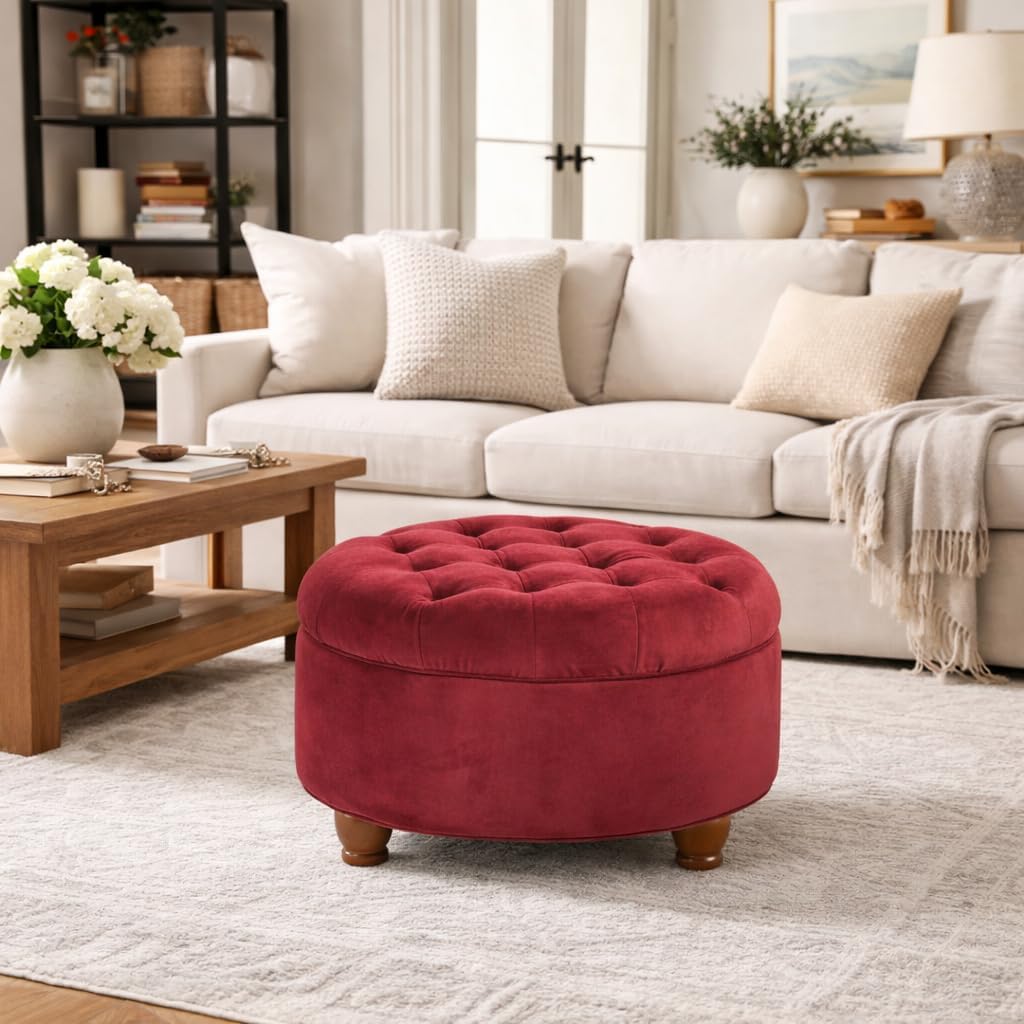 Home Decor |N8264-B119 | Large Button Tufted Velvet Round Storage Ottoman | Ottoman with Storage , Berry
