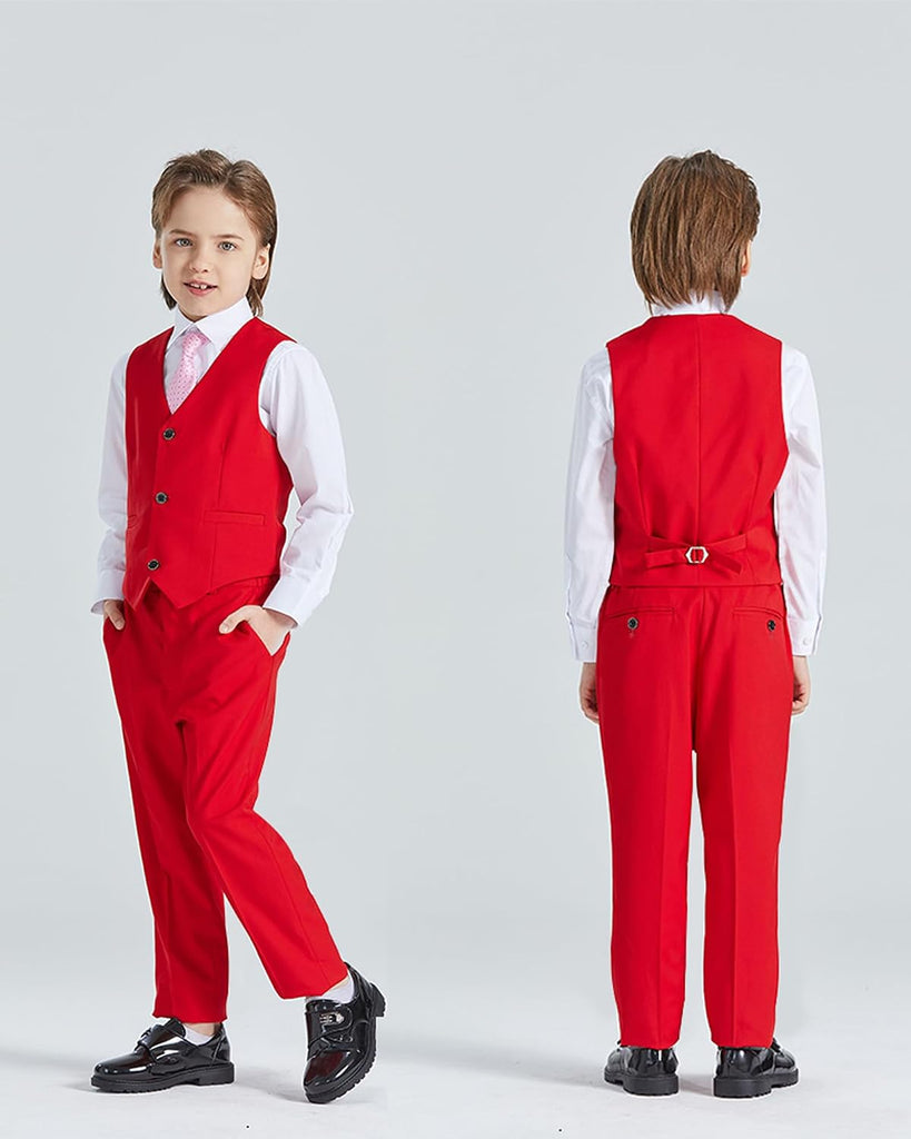 Boys 5 Piece Slim Fit Suit Set, Solid Formal Dresswear of Jacket Vest Pants Shirt and Tie