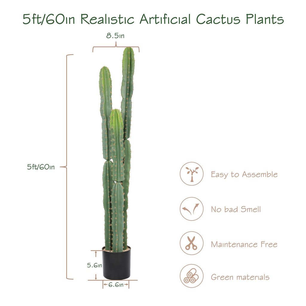 UV Resistant 5ft Large Artificial Cactus with Black Pot, 60in Realistic Faux Plants Indoor, Lifelike Fake Cactus