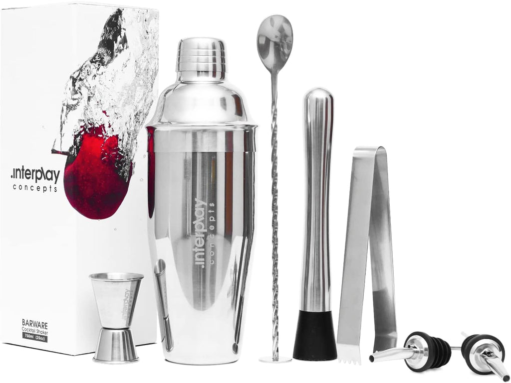 Cocktail Shaker Set, Stainless Steel Barware-Tool, Includes Jigger, Bar Spoon, Bottle Pourers, Tong, Strainer - Set of 8