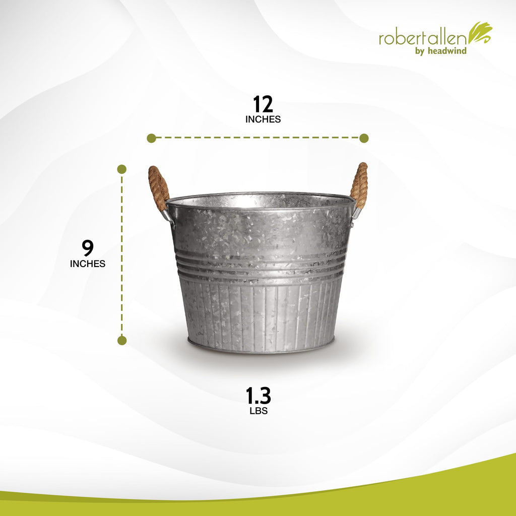 Decorative Planter - Round Galvanized Bucket w/Rope Handles - 12 Inch Metal Tub Bucket Planter for Outdoor Plants
