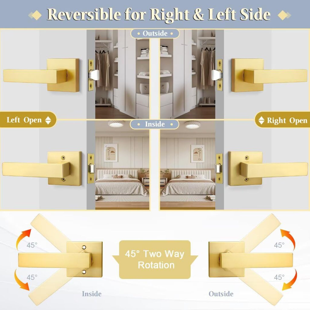 Gold Closet Dook Handle Non-Locking, Brass Passage Lever Door Handle, Heavy Duty Square Door Handles, Reversible Door
