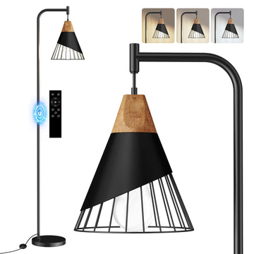 67" Industrial Floor Lamp with Wood & Black Metal Shade, Modern Standing Lamp, Rustic Farmhouse Tall Lamp Bedroom