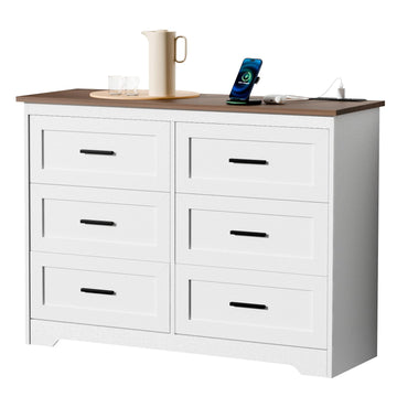 Farmhouse Dresser 6 Drawers Dresser with Power Outlets Rustic Chest of Drawers with Natural Texture White Organizer