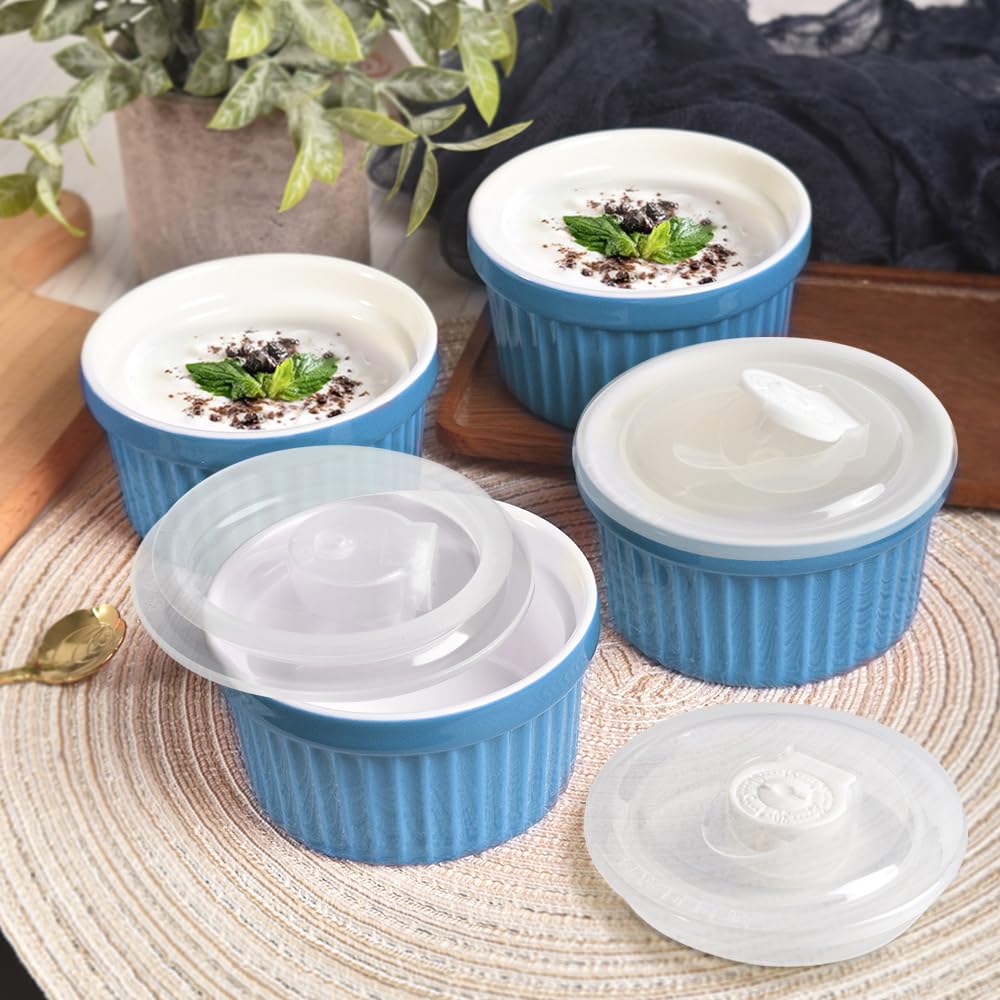Porcelain Set with Lid, 240 ml / 8 Fl Ounces, Creme Brulee Souffle Cup for Baking, Set of 6, Blue