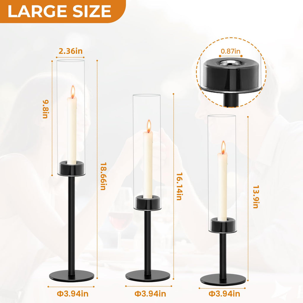 Black Taper Candle Holder Set with Glass Hurricane - Modern Candlestick Holders, Premium Gift Set for Wedding, Fall