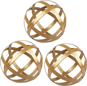Gold Metal Decorative Sphere - Metal Band Decorative Ball - Modern Home Decor - Set of 3