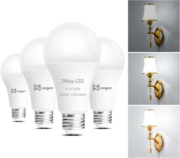 3 Way A21 LED Bulb,50 -100 -150W Equivalent,5000K Daylight, E26 Base,4 Pack