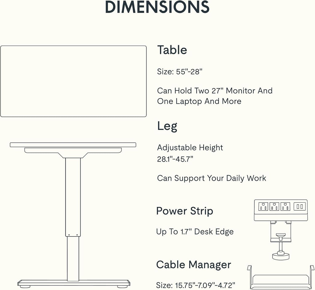 EN2 55"x28" Standing Desk with Power Strip Bundle, Black | One-Piece Desktop, Easy-Access Clamp Power Strip Bundle