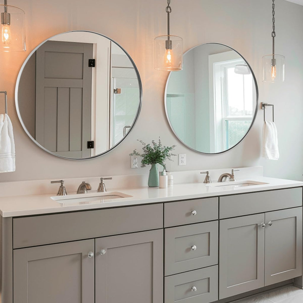 Round Chrome Mirror, 30 inch Round Chrome Mirror, Circle Bathroom Mirror in Stainless Steel Metal Frame