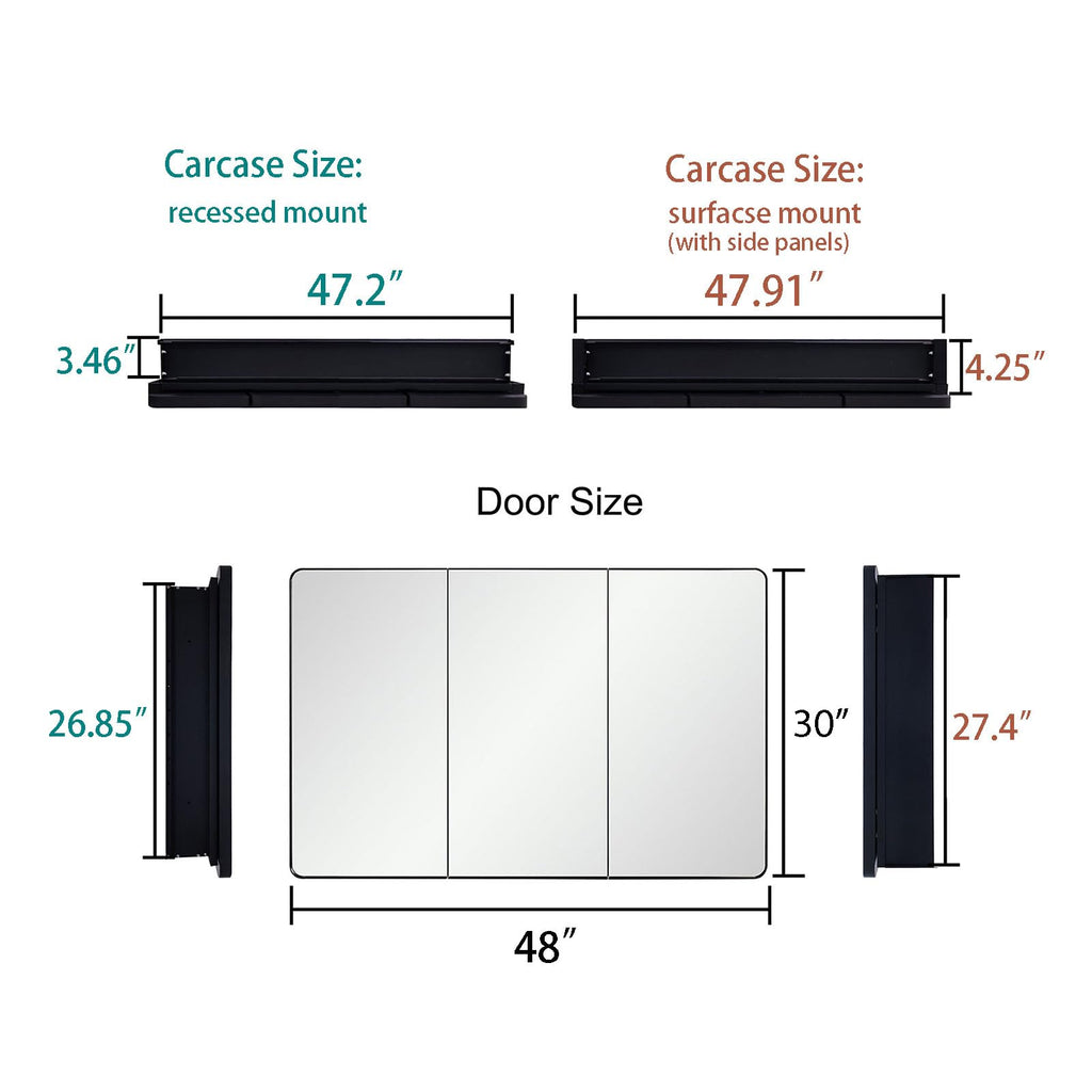 Bathroom Mirror Medicine Cabinet with Round Corner Framed Door 48 x 30 inch, Black, Recessed or Surface Mount, with