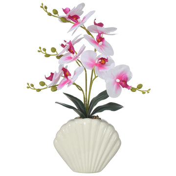 16" White and Pink Orchid Silk Phalaenopsis in Seashell Pot for Table Décor