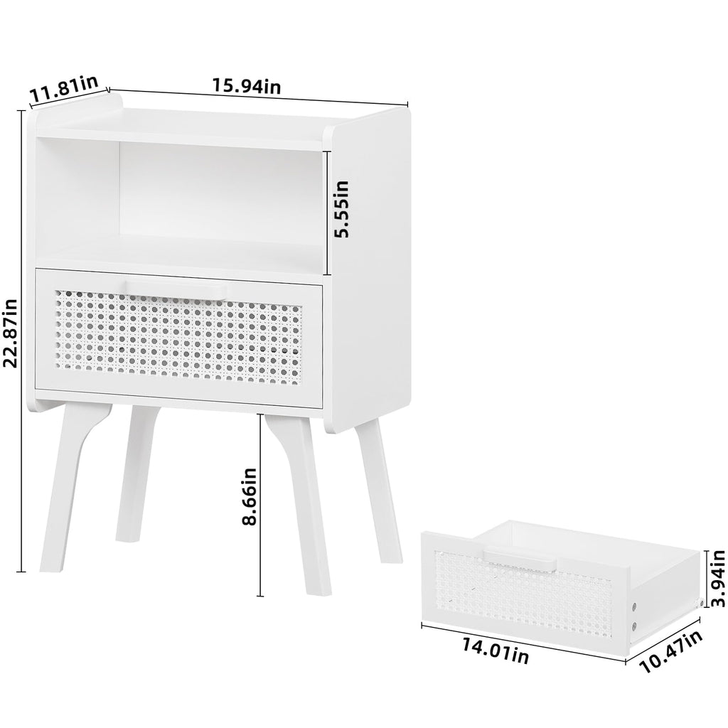 Rattan Nightstands Set of 2, Side Table with Drawer Open Shelf