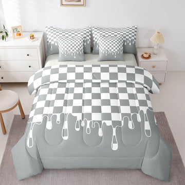 Neutral Grey Checkered Bed Sheets and Comforter Set | Gingham Checkerboard Drip 7 Piece Bedding Set Retro