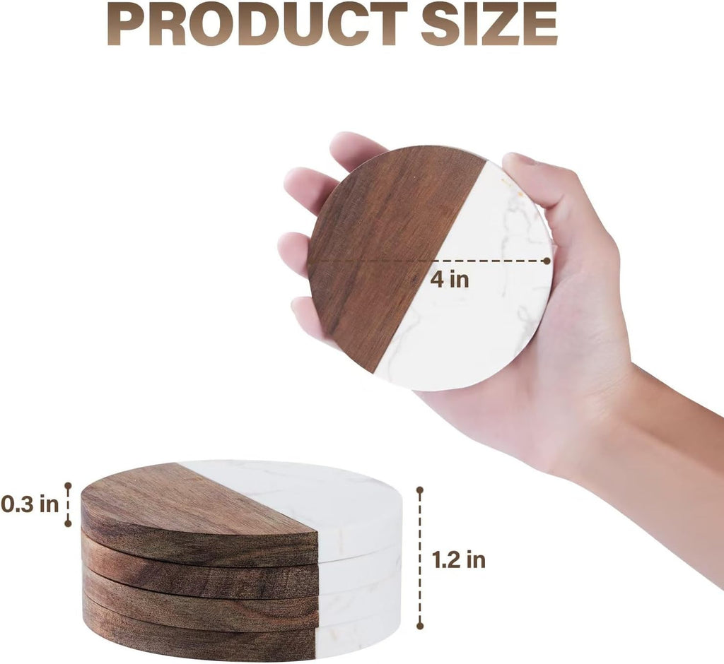 Coasters for Drinks,Marble-Wood Spliced Coaster for Tabletop Protection,Cup Holder Coasters for Multiple Cup - Set of 4