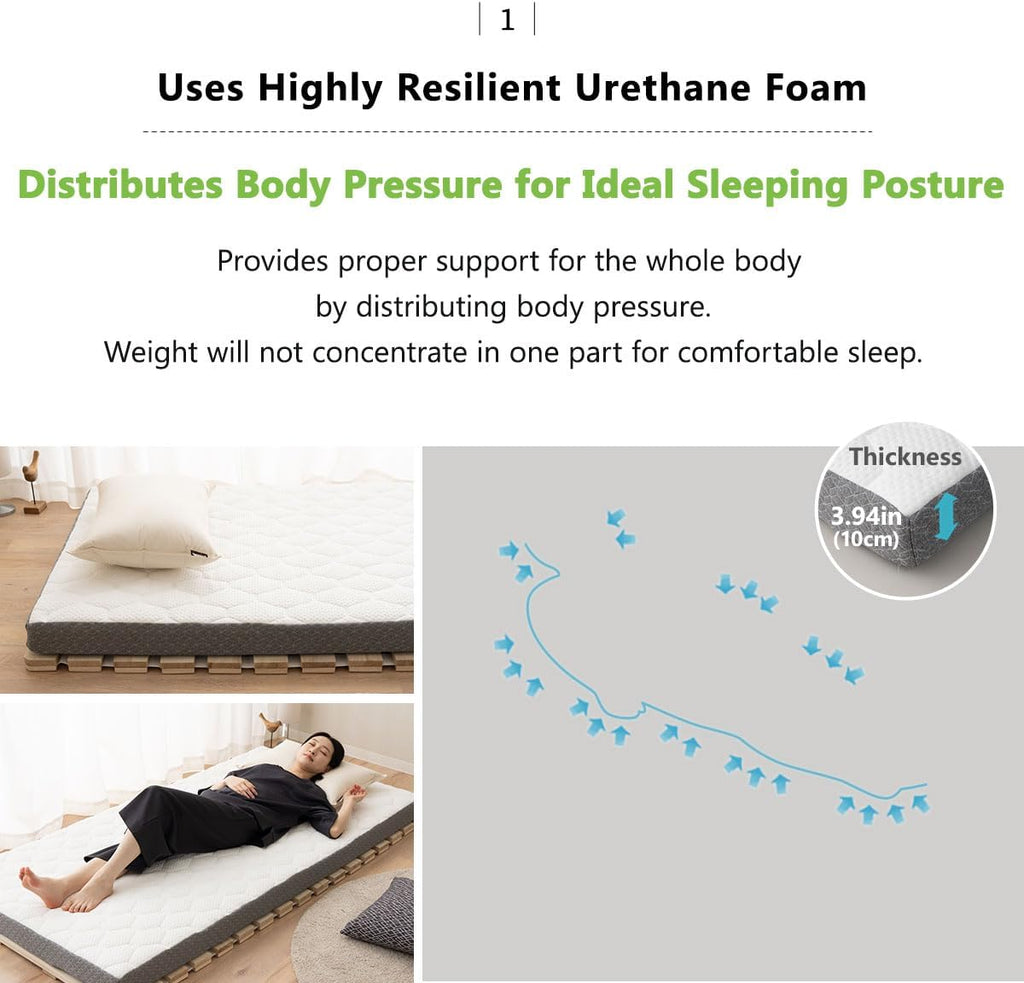 Japanese Futon Mattress Roll-Type Relax-2 Twin, High-Resilience Removable & Washable Cover Guest use Tatami Floor