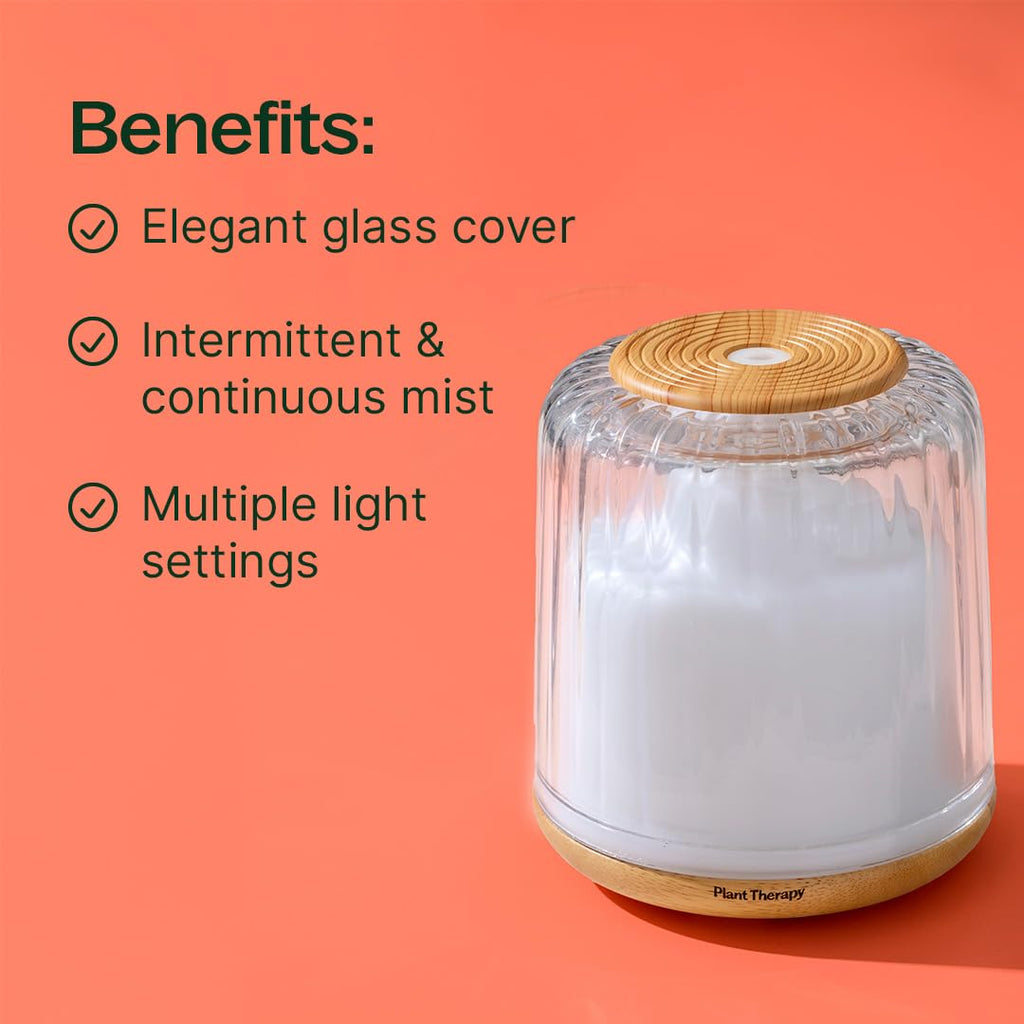 Therapy Serenity Glass Diffuser, Elegant Glass Cover, Intermittent & Continuous Mist, Multiple Light Settings