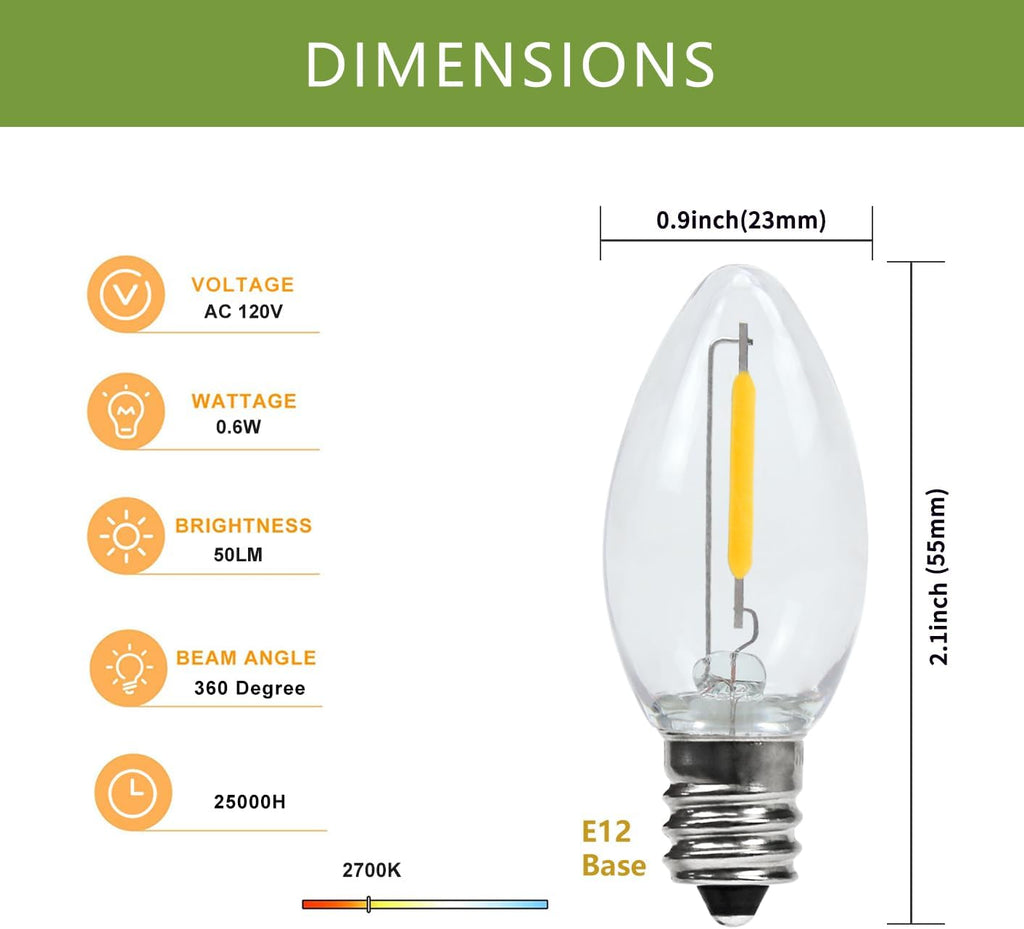 Accessory Cord with 5 PCS C7 LED Night Light Bulbs, E12 Base, 1 Pack